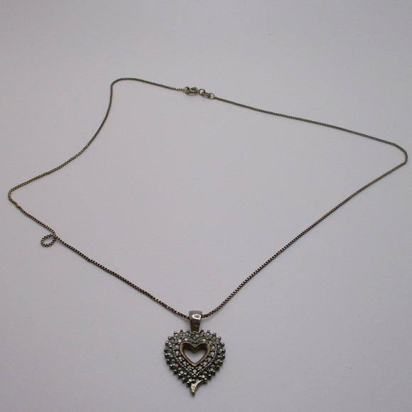 Vintage FAS Sterling Silver Tiny Box Chain Studded Heart Pendant Necklace - Picture 3 of 6